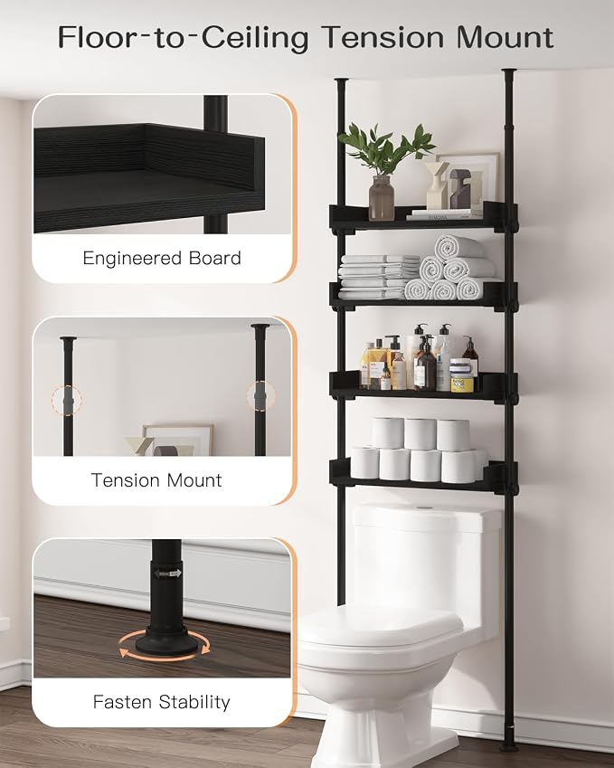 ALLZONE 4 Tier Over The Toilet Storage, Adjustable Wood Over Toilet Bathroom Organizer, Freestanding Shelves, Fit Most Showers Over The Toilet Shelf, 92 to 116 Inch Tall, Black