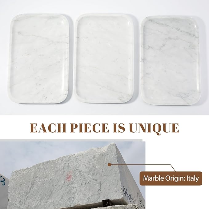 Koville Marble Tray, 12"x8" Bianco Carrara Marble Vanity Tray for Countertop Bathroom Kitchen Dresser, Decorative Catchall Trays for Perfume Jewelry, Rectangular Stone Serving Tray
