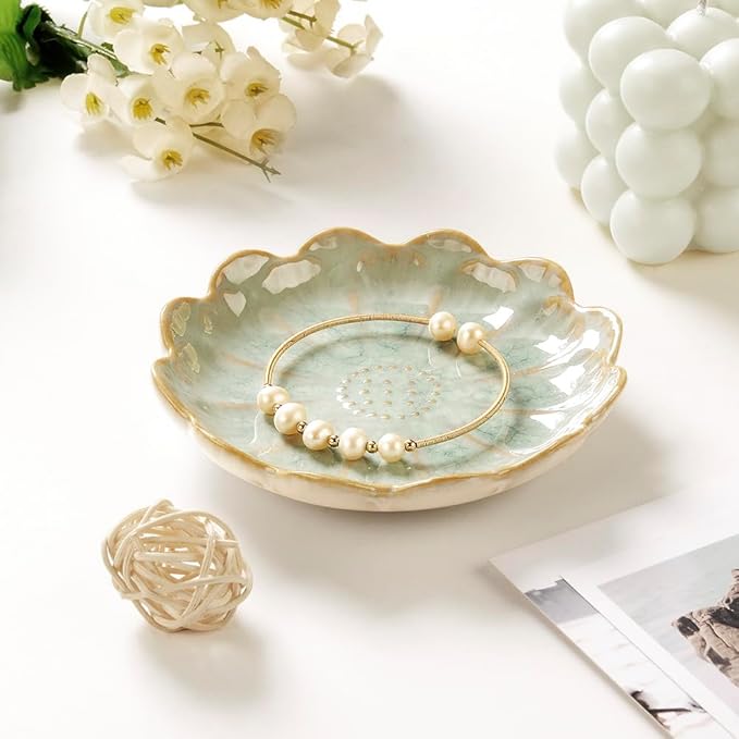 Lotus Ring Holder Dish Small Indoor Ash Tray, Ceramic Dessert Plate Trinket Jewelry Holder Organizing Necklace Earrings for Parents Friends Sister, Light Green. All Jewelries Are NOT Included.