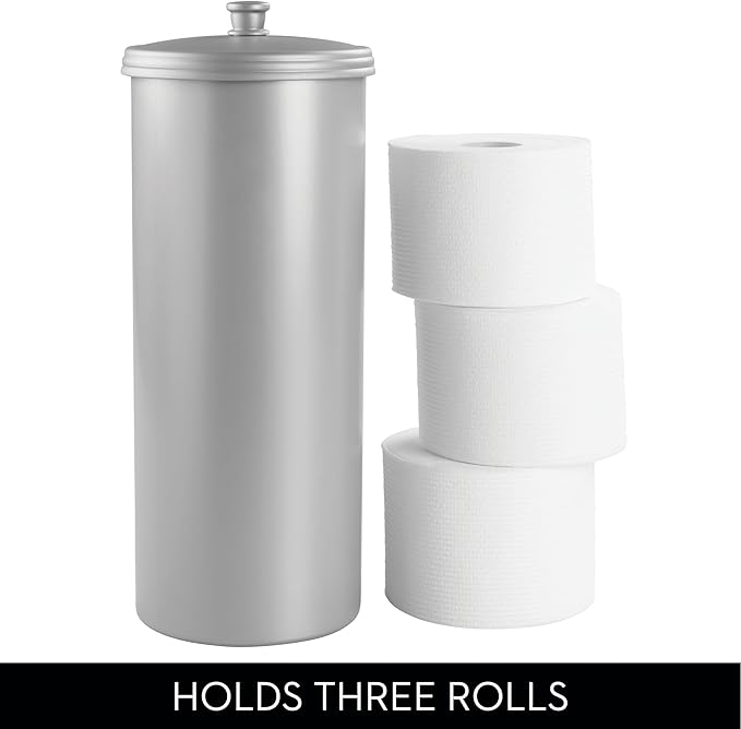iDesign Freestanding Bathroom Toilet Paper Storage Holder with Lid for 3 Extra Rolls, 2-Pack, Silver