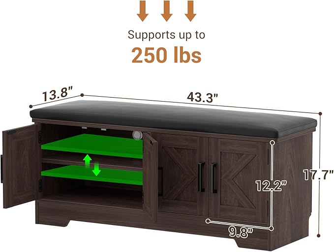 Farmhouse Shoe Storage Bench with Cushion - 43.3" Entryway Bench with Storage & 4 Barn Doors, 2-Tier Wooden Shoe Rack Bench, Shoe Cabinet & Mudroom Bench for Bedroom Hallway Living Room, Black Walnut