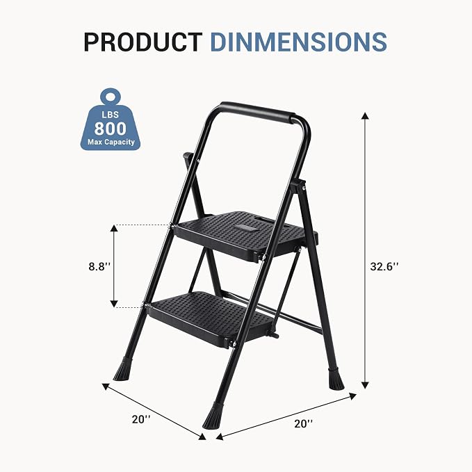 DUMOS Step Ladder, 2 Sturdy Step Stool with Anti-Slip Pedal & Comfortable Handrail, Portable Heavy Duty Stool for Kitchen, Garage & Outdoor Use, 800lbs, Black