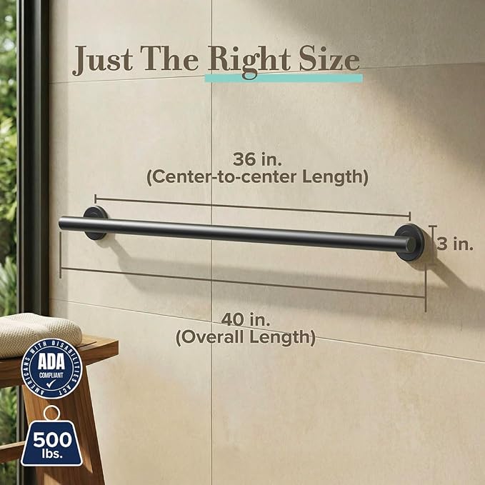 Gatco 856MX Latitude II Bathroom Safety Grab Bar, ADA Compliant Wall Mounted Support Handle for Shower and Bathtub, Matte Black Stainless Steel, 36 Inch