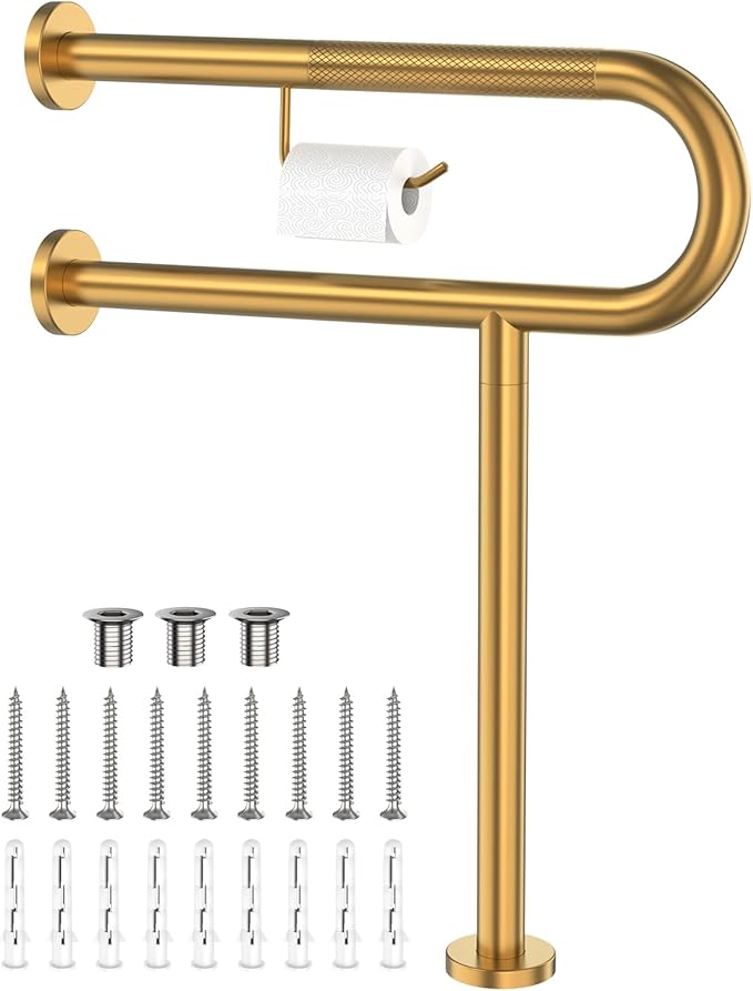 Toilet Grab Bar with Leg 24x28 Inch, ZUEXT Brushed Gold Knurled Toilet Support Bar with Toilet Paper Holder, Stainless Steel Wall & Floor Mounted Bathroom Support Rail for Elderly Disabled Pregnant