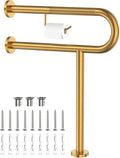 Toilet Grab Bar with Leg 24x28 Inch, ZUEXT Brushed Gold Knurled Toilet Support Bar with Toilet Paper Holder, Stainless Steel Wall & Floor Mounted Bathroom Support Rail for Elderly Disabled Pregnant