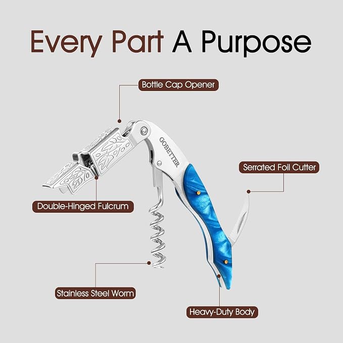 GOBETTER Wine Opener, Professional Corkscrews for Wine Bottles Cap Remover, Manual Wine Key for Home Use, Servers, Waiters Bartenders and Wine Lovers, Blue Resin