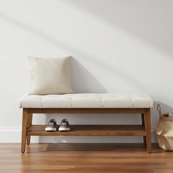 HUIMO Entryway Shoe Bench, End of Bed Bench,Upholstered Button-Tufted Bench for Kitchen, Fabric Ottoman Bench for Living Room, Padded Bench with Solid Wood Shelf Beige