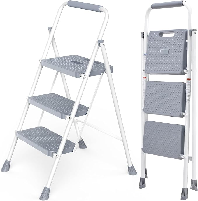 OLIXIS 3 Step Ladder, 800lbs Capacity Foldable Step Stool with Anti-Slip Pedal, Sturdy Steel Ladder & Comfortable Handrail, Protable Heavy Duty Step Stool for Kitchen, Garage, Outdoor Use - Grey