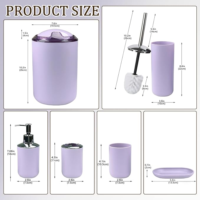 CERBIOR Bathroom Accessories Set 6 Piece Bath Ensemble Includes Soap Dispenser, Toothbrush Holder, Toothbrush Cup, Soap Dish for Decorative Countertop and Housewarming Gift (Purple)