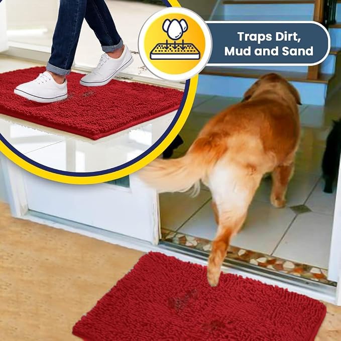 Muddy Mat® | Super Absorbent Door Mat Indoor, Microfiber Quick Dry Chenille Entryway Rug, Non-Slip Front Door Mat, Indoor Mats for Entryway, Machine Washable Pet Rug, Red 30"x19"