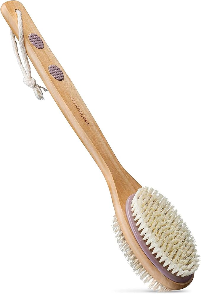 MainBasics Back Scrubber Shower Brush Long Handle Dual Sided Body Brush with Exfoliating Soft Bristles for Back Scrubbing Deep Cleaning and Body Wash (Lavender)