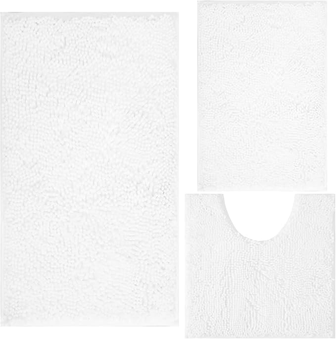 White Bathroom Rugs Chenille 3-Piece Extra Soft and Absorbent Shag White Bath Mat, Machine Wash Mat, Strong PVC Non-Slip Underside, Plush Carpet Mats