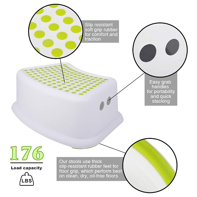 Step Stool for Kids (2 Pack), Toddlers Stool for Potty Training, Bathroom, Kitchen, Bedroom, Toy Room and Living Room. Toilet Stools with Soft Anti-Slip Grips for Safety, Stackable (Green)