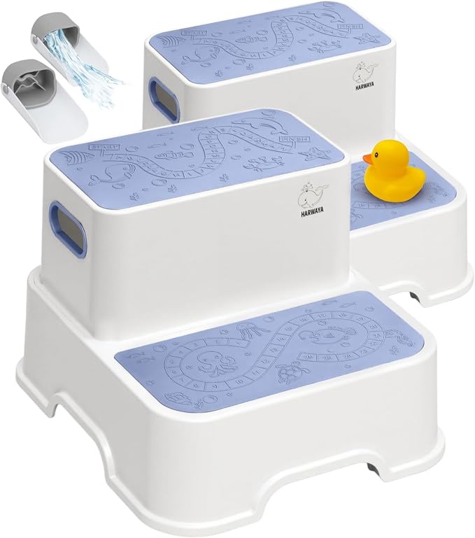 Harwaya Blue Toddler Step Stool for Bathroom Sink 2 Pack, Kids Step Stools for Boys Toilet Potty Training, Plastic Stepping Stool for Toddlers Child Kid Kitchen Bedroom (Included Two Faucet Extender)