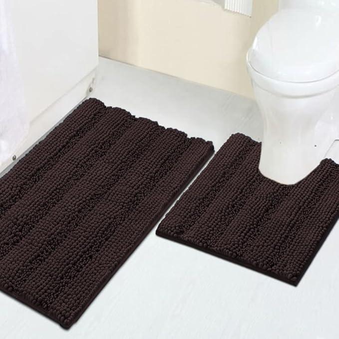 Turquoize Chenille Bathroom Rugs Set Non-Slip Bath Mats for Bathroom Super Absorbent Shaggy Shower Mat for Tub Kitchen Plush Bath Rug Plus U Toilet Mat (Standard: 20" x 32" and 20" x 20" U), Chocolate