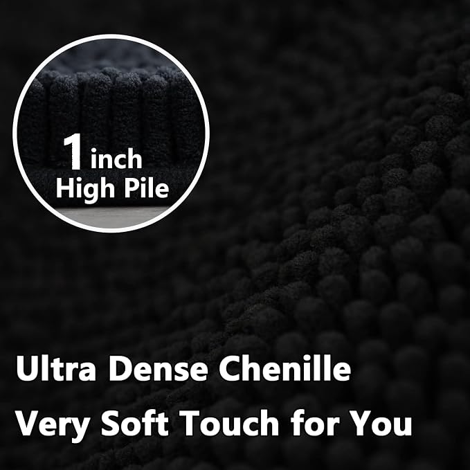 Black Bathroom Rug Chenille 3-Piece Extra Soft and Absorbent Shag Bathroom Rugs, Machine Wash Mat, Strong PVC Non-Slip Underside, Plush Carpet Mats (Black)