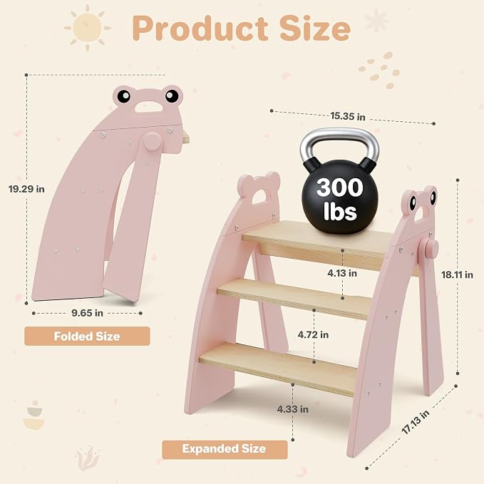 Step Stool for Toddlers, 3-Step Kids Step Stool for Bathroom Sink, Foldable Toilet Potty Training Bamboo Wooden Stool with Handles and Non-Slip Pads for Bedroom, Kitchen Stool Helper, Pink