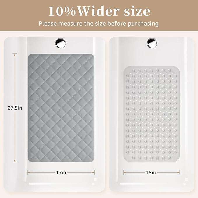 Yolife Bathtub Shower Mat Non Slip, Natural Rubber Bath Tub Floor Liner Mats with Strong Suction Cups for Inside Shower Bathroom, Machine Washable, Soft on Feet, 27.5 x 17 Inch, Grey