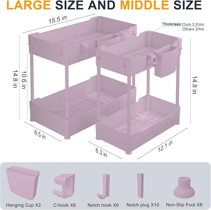Sevenblue 2 Pack Under Sink Organizer, Under Bathroom Cabinet Organizer with Hooks Hanging Cup, Multi-Purpose Storage Shelf for Kitchen Bathroom (Pink, 14.8 Inch)