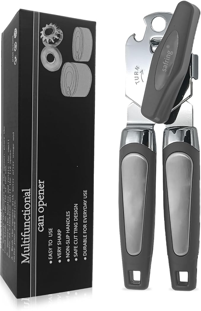 Safring Can Opener Manual, Handheld Strong Heavy Duty Stainless Steel Can Opener, Comfortable Handle, Sharp Blade Smooth Edge, Can Openers with Multifunctional Bottle Opener, Gray