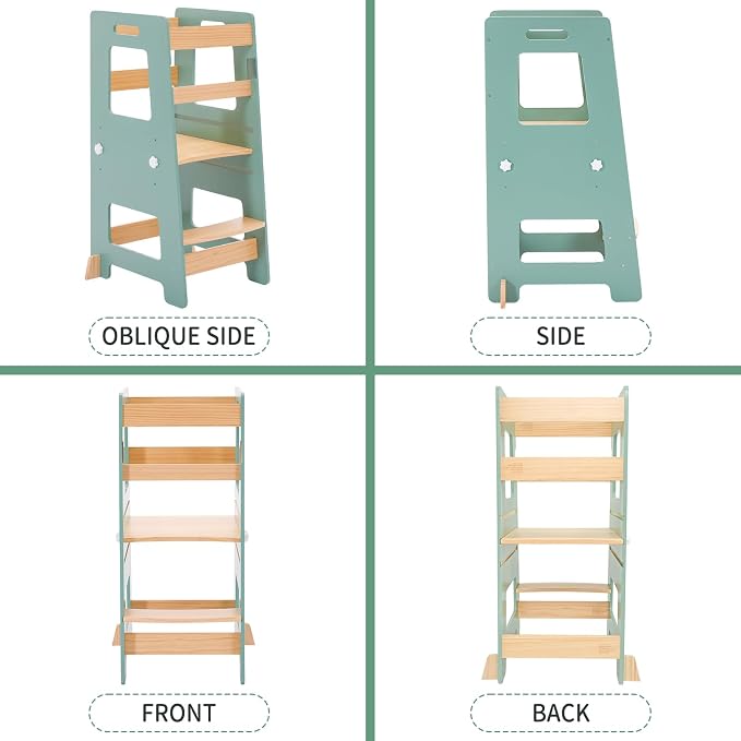WOOD CITY Kitchen Step Stool - Safe Montessori Standing Tower for Kids with Safety Rail, Height Adjustable Toddler Ideal Helper for Learning New Skills, Anti-Slip Protection for Bathroom - Green…