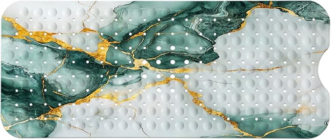 LNOND Marble Bath Tub Mat Non Slip, Extra Long 40 X 16 Inch Anti Slip Mat for Bathtub, Green Gold Marble Shower Mat with Drain Holes and Suction Cups, Machine Washable