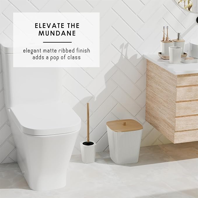 Clara Clark Bathroom Accessories Set - Bathroom Set, Bathroom Accessory Set, Shower Curtain Set, Toilet Brush, Trash Can & Soap Dispenser - White - 20PC