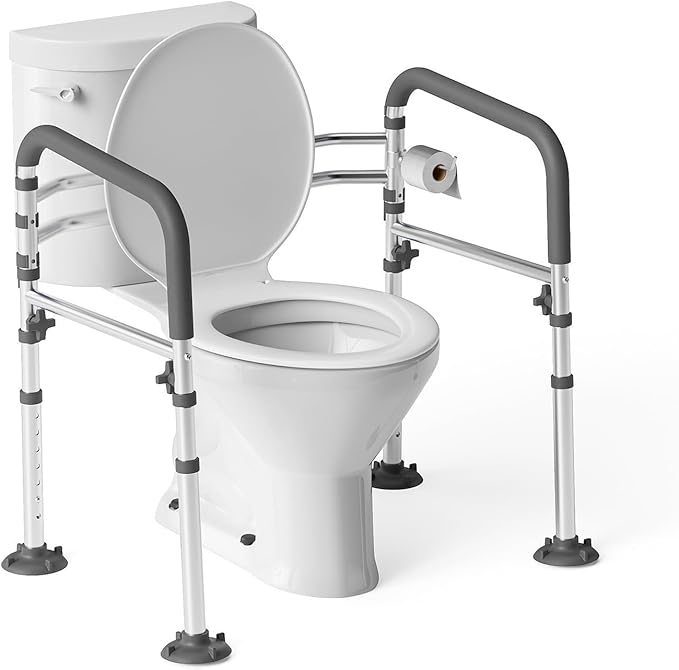 Loyoda Toilet Safety Rails,Height-Adjustable Toilet Frame Width-Adjustable Toilet Handles Foldable Toilet Rail Provides Support for Seniors ， Pregnant ，Disabled （Gray）