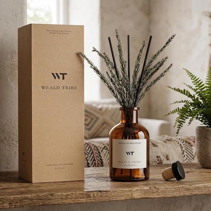 WEALD TRIBE Reed Diffuser Set for Bathroom Air Fresheners, Oil Diffuser Sticks | French Black Juniper & Cedar Scent 4.0 fl oz Home Fragrance with Sticks Defusers | House Bedroom Office Shelf Decor