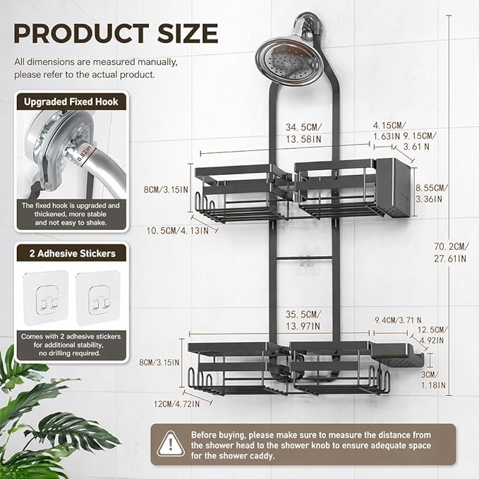 Shower Caddy Hanging for Handheld Showerhead - Rustproof Shower Organizer, 2-Tier No-Drill Over Showerhead Bathroom Shelf with Soap & Toothbrush Holder, Black