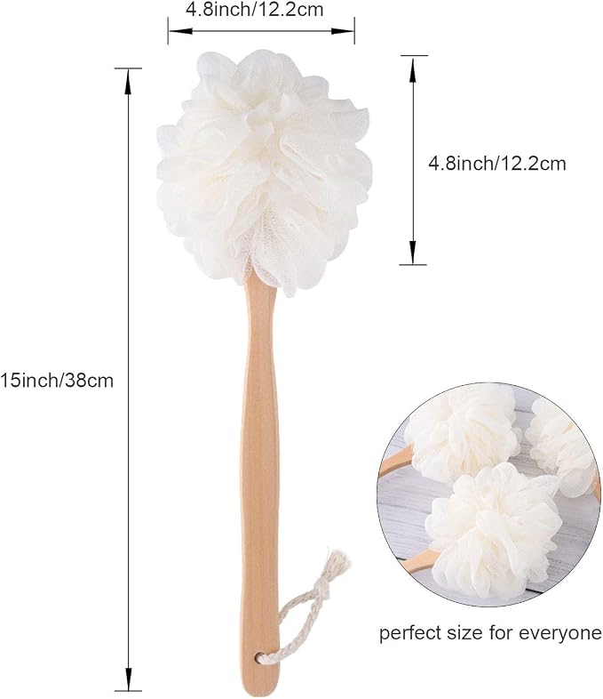 White Loofah with Handle - Back Scrubber for Shower, Exfoliating Body Sponge with Soft PE Mesh and Wood Stick, Clean Look Bath Accessory for Men and Women