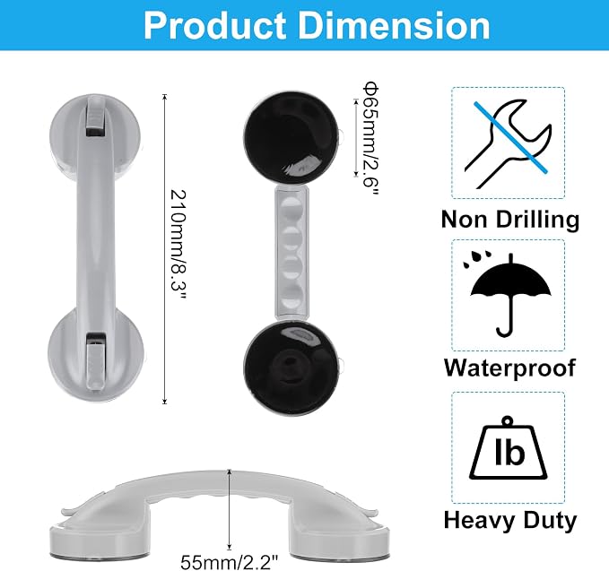 uxcell Grab Bars for Bathtubs and Showers, 8.3" Mirror Glass Door and Window Handles Powerful Shower Suction Cup Anti-Slip Safety Bars for Senior Shower Chairs Grey