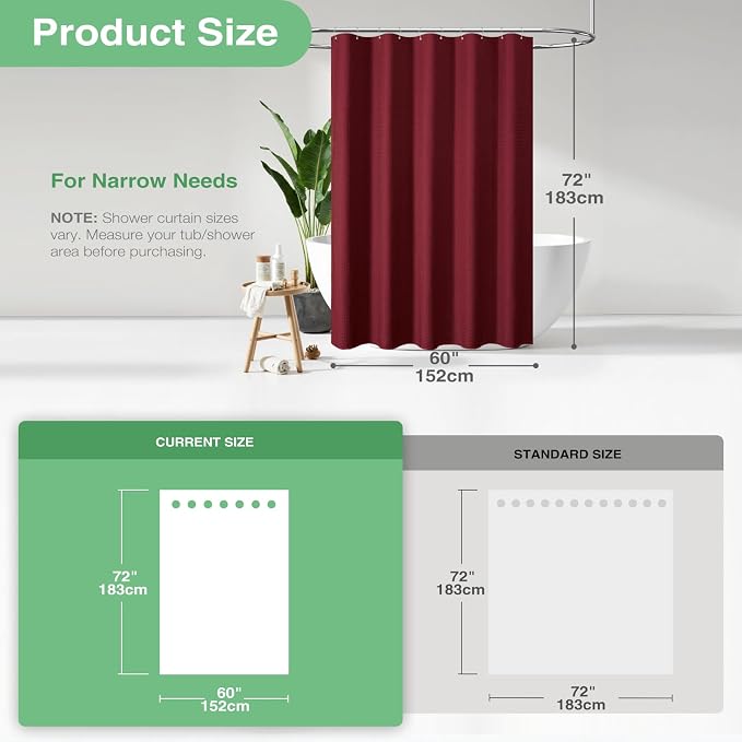 Dynamene Stall Shower Curtain - 60 inch Waffle Weave Heavy Duty Thick Fabric Shower Curtains for Bathroom, Weighted Hotel Spa Luxury Cloth Bath Curtain Set with 10 Plastic Hooks, 60x72, Burgundy