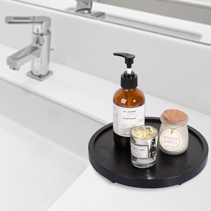 Round Decorative Tray Wood Bathroom Counter Organizer Farmhouse Kitchen Decor Wooden Riser for Soap Dish, Perfume, Candle, Sponge, 9" - Black