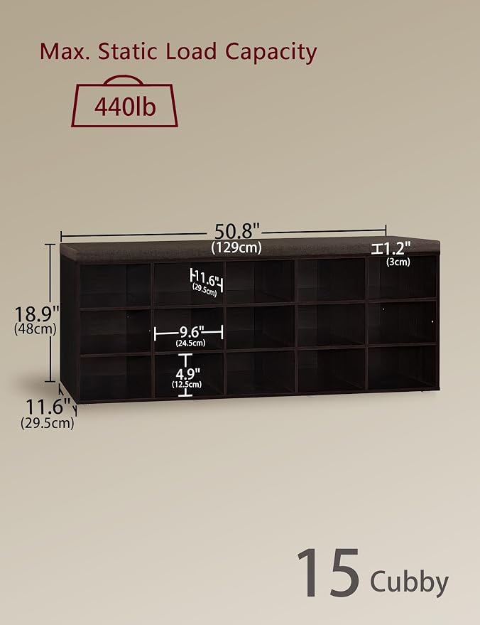 DINZI LVJ Shoe Storage Bench with Cushion, 15-Cubby Shoe Rack, Adjustable Shelves, Long Shoe Organizer Bench for Entryway, Mudroom, Hallway, Living Room, Bedroom and Garage, Espresso