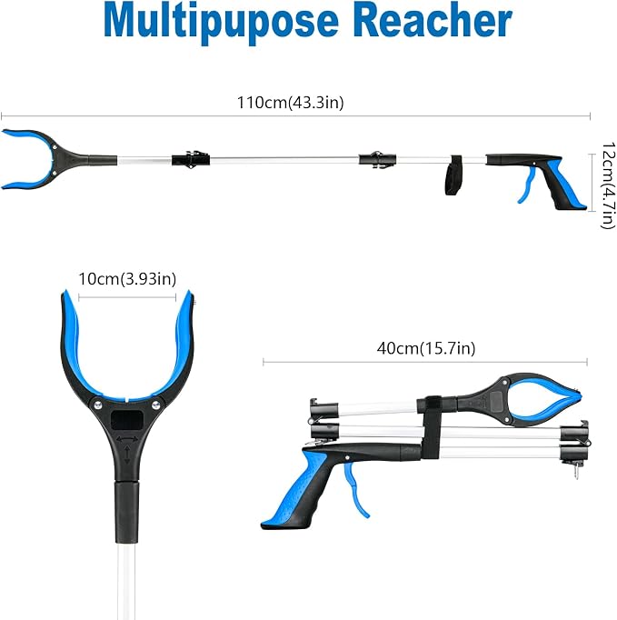 43 inch Extra Long Grabber Reacher Tool,Foldable Reacher Grabber Pickup Tool with Strong Grip Magnetic,360°Rotating Anti-Slip Jaw,Grabbers for Seniors for Outdoor & Indoor (Blue)