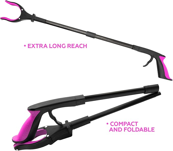 Grabber Reacher Tool-Long 32 Inch Aluminum Foldable Pick Up Stick-Strong Grip Shelves LED Light Magnetic Tip, Lightweight Trash Picker Claw Reacher Grabber Tool for Elderly (32" 2-Pack, Pink)