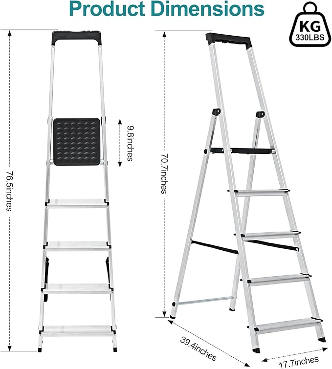 OLIXIS 5 Step Ladder, 330lbs Folding Step Stool with Anti-Slip Wide Pedal Handrails, Aluminum Stool Ladders, Safety Household Ladder for Home Kitchen Courtyard Outdoor
