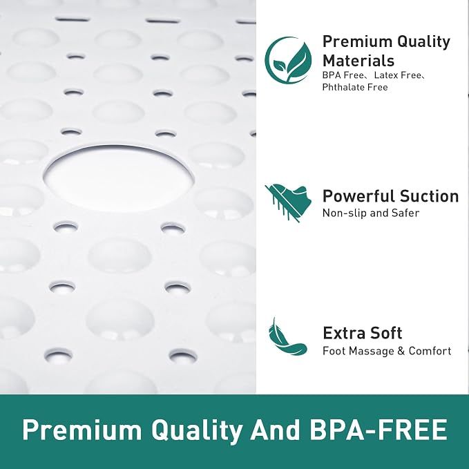 Large Square Shower Mat 27 x 27 Inch White, Non Slip Shower Bathtub Mats for Inside Shower With Big Suction Cups Drain Holes, Anti Slip Bathroom Floor Shower Stall Mats, Easy Clean, BPA-Free