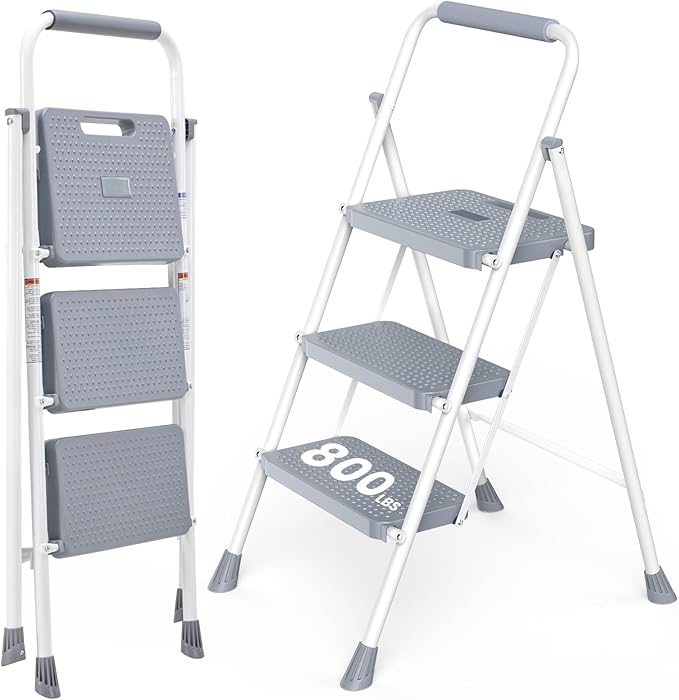 Sweetcrispy Folding 3 Step Ladder Stool - Lightweight, 800lbs Sturdy, with Anti-Slip Feet - Perfect for Home, Kitchen, and Office Use, Easy Storage and Portable Design, Grey