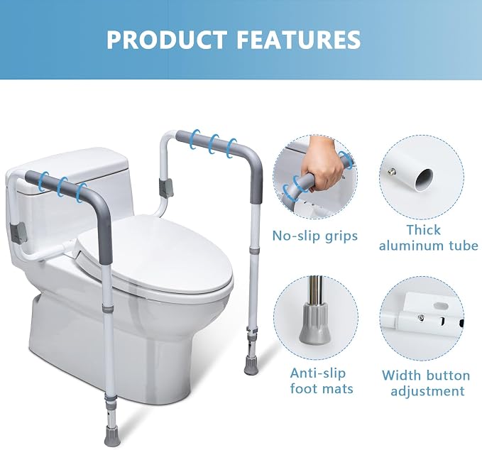 WeHwupe Toilet Safety Rails for Elderly Adults - Adjustable Bathroom Toilet Safety Frame with Handles - Stand Alone Toilet Grab Bar for Senior, Handicap & Disabled,Fits Most Toilets, White, TRX-8002