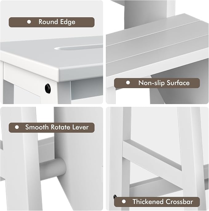 DORTALA 3 Tier Folding Step Stool, Rubber Wood Multifunctional Ladder Chair Bench, Portable Utility Seat, Flower Rack, 200 Lbs Capacity, Ideal for Library, Home (White)