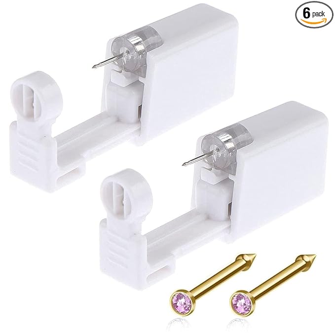 Nose Piercing Gun Kit - 6Pcs Self Nose Piercing Kit Unit Disposable Nose Piercing Gun Including 2Pcs Nose Piercing Gun with 2Pc Built-in Nose Studs and 2Pcs Clean Tools for Nose Cartilage Tragus Helix Piercing Kit(Gold, Purple )