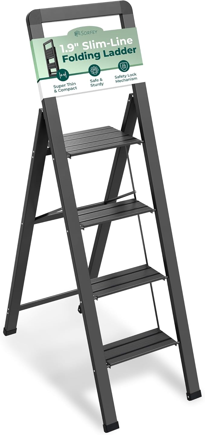 Step Ladder 4 Step Folding, Decorative - Modern Beautiful Black Aluminum,Lock Mechanism, Ultra Slim Profile, Anti Slip Steps, Sturdy-Portable for Home, Office, Kitchen, Photography Use,by SORFEY