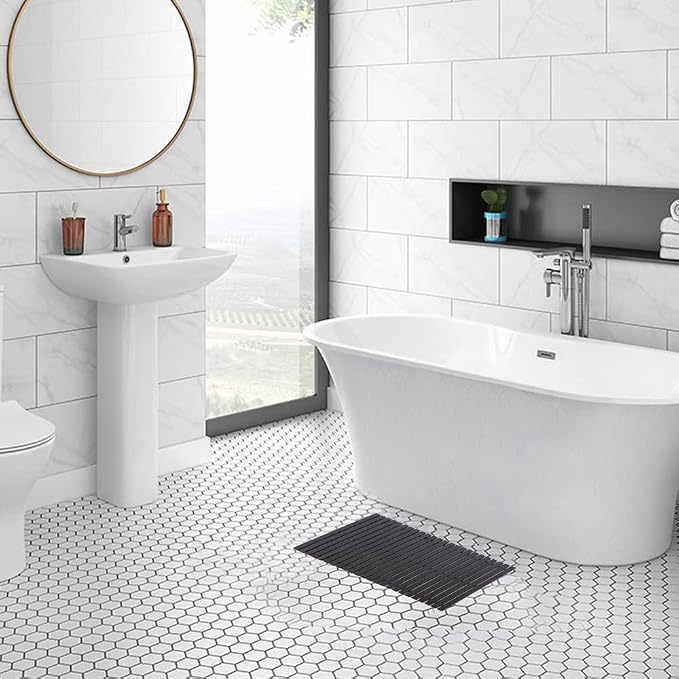 Bath Mat Bathroom Rugs Floor Wood Shower Bathtub Waterproof Non Slip Black Accessories 16x24 Inch Easy to Clean, 2 pcs