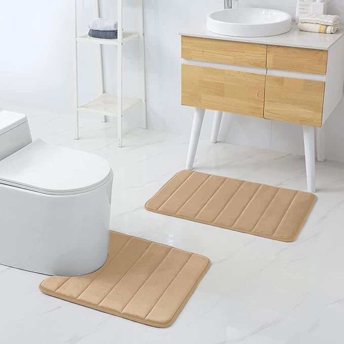 Buganda Memory Foam U-Shaped Contour Toilet Rugs, Non Slip Absorbent, Thick Soft Washable Bathroom Mat, Floor Carpet Bath Rugs Mat for Toilet Base (20" x 20", Camel)