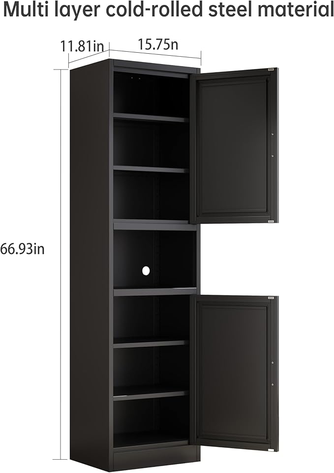 67" H Metal Tall Narrow Storage Cabinet, Freestanding Floor Cabinet with 2 Doors and Adjustable Shelves, Pantry Storage Cabinet for Bathroom, Living Room, Entryway and Kitchen (Black)