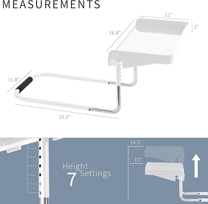 Height Adjustable Under Mattress 17 inch Bedside Shelf, Works with Lofts and Beds Without Frames, Heavy Duty Storage Tray, Fits Laptops, Books, and Drinks, Nightstand Alternative, White
