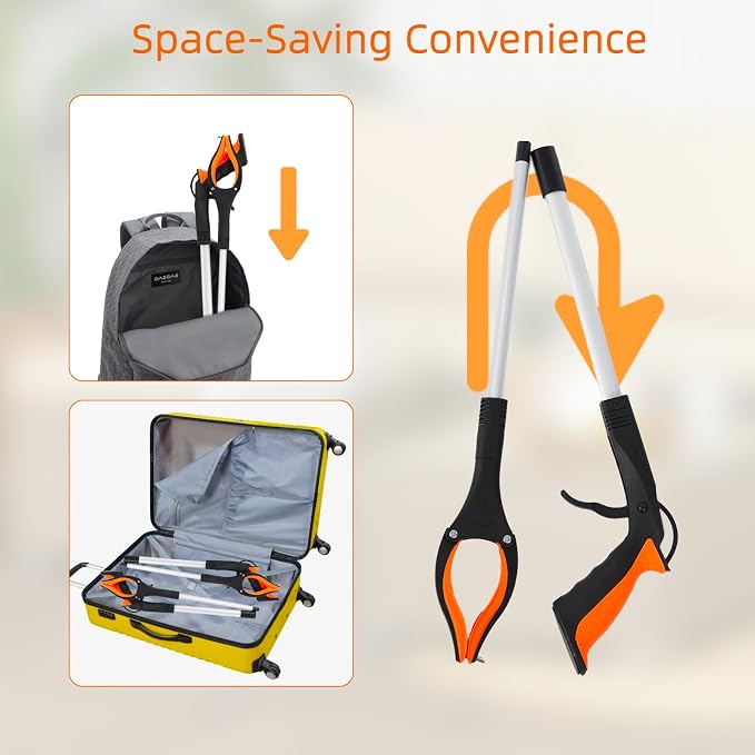 Grabber Reacher Tool, 2 Pack 32" Foldable Lightweight Trash Claw Grabbers for Elderly, 360° Rotating Head Wide Jaw Reaching Tool for Trash, Pick Up Stick (Orange)