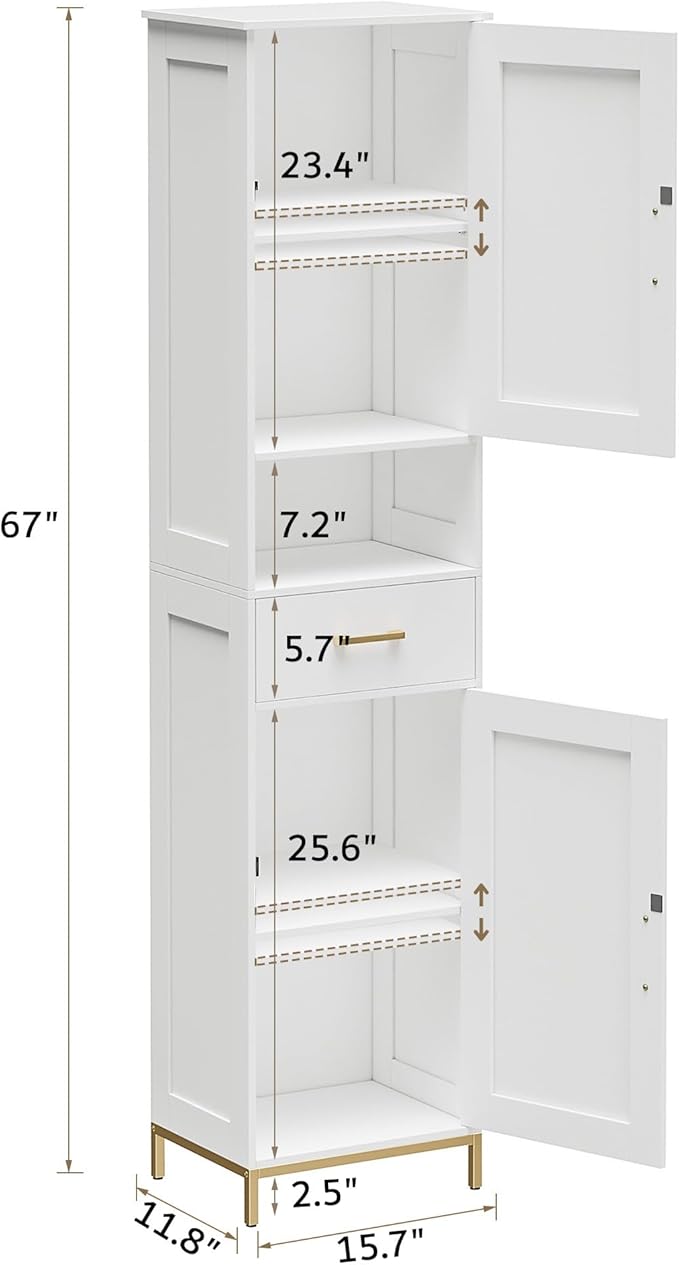 Homhedy 67" H Bathroom Storage Cabinet, Tall Storage Cabinet with Adjustable Shelves, Freestanding Cabinet with Doors and Drawer, Narrow Cabinet for Bathroom, Living Room, Kitchen, Dining Room, White